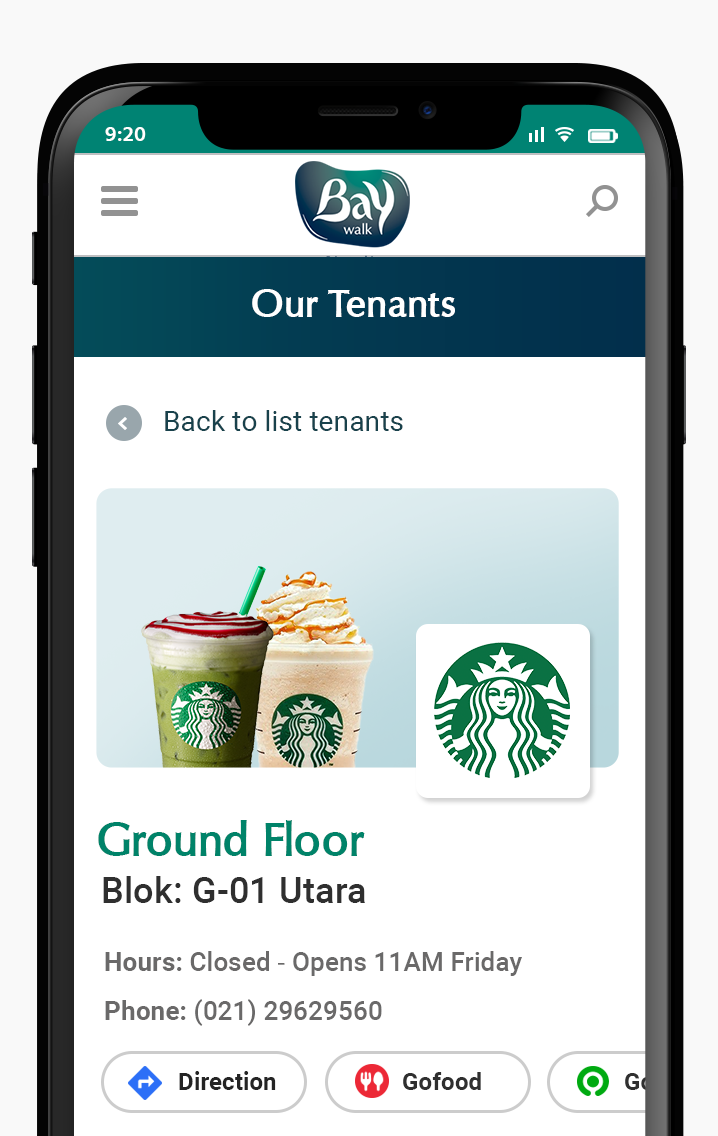 Komunigrafik ui-ux web design and development Indonesia - Project Showcase and Portfolio Responsive Mobile page Baywalk Tenants Starbuck at Baywalk Mall Jakarta, Indonesia