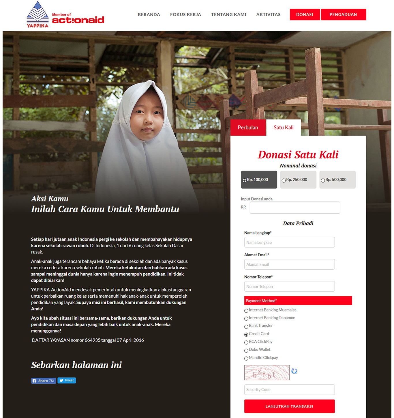 Komunigrafik project portfolio inspiration template web design and web developer, Yappika ActionAid Organization, web donation and campaign crowd funding, and charity, foundation, Jakarta Pusat, Indonesia