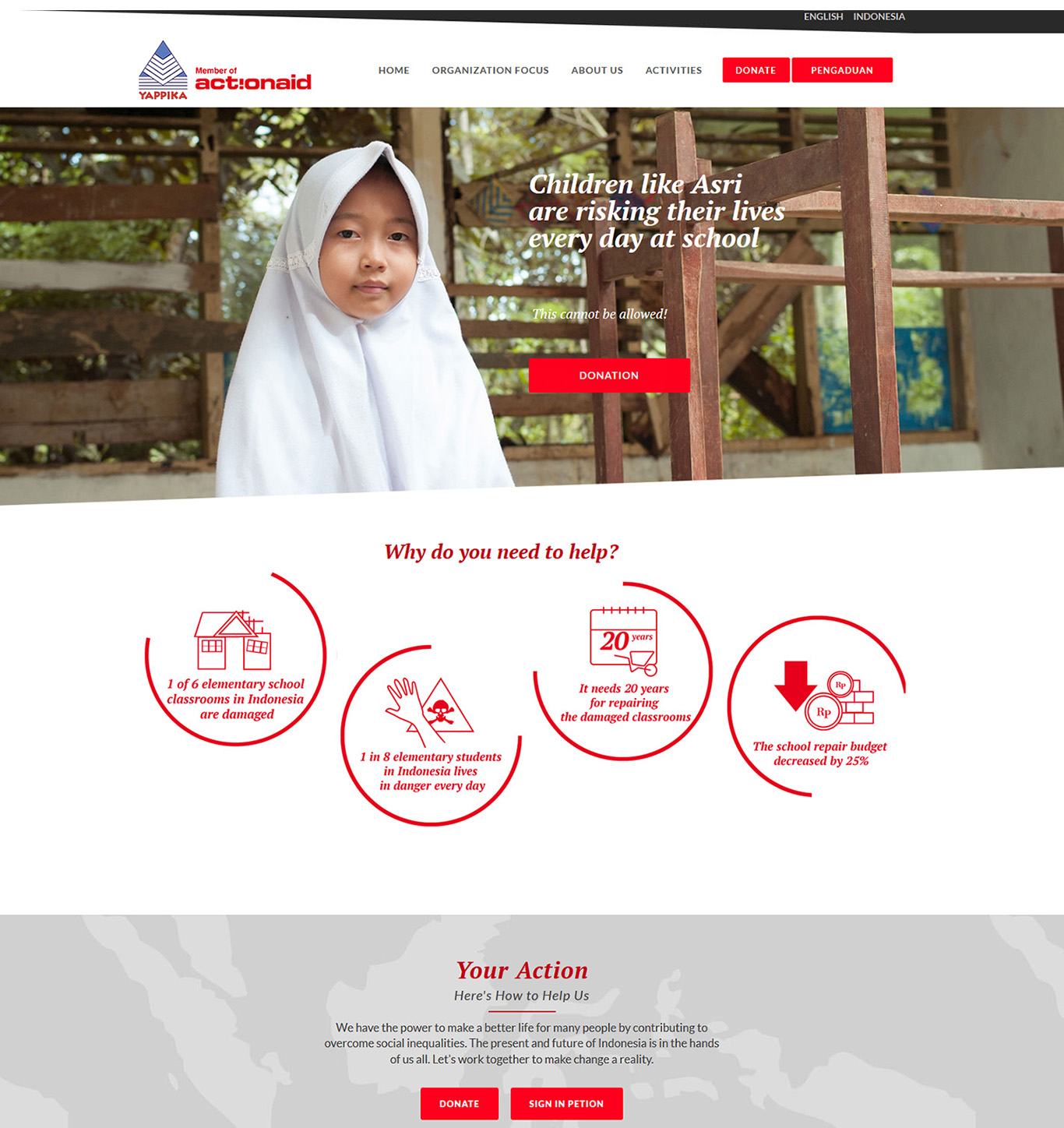 Komunigrafik project portfolio inspiration template web design and web developer, Yappika ActionAid Organization, web donation and campaign crowd funding, and charity, foundation, Jakarta Timur, Indonesia